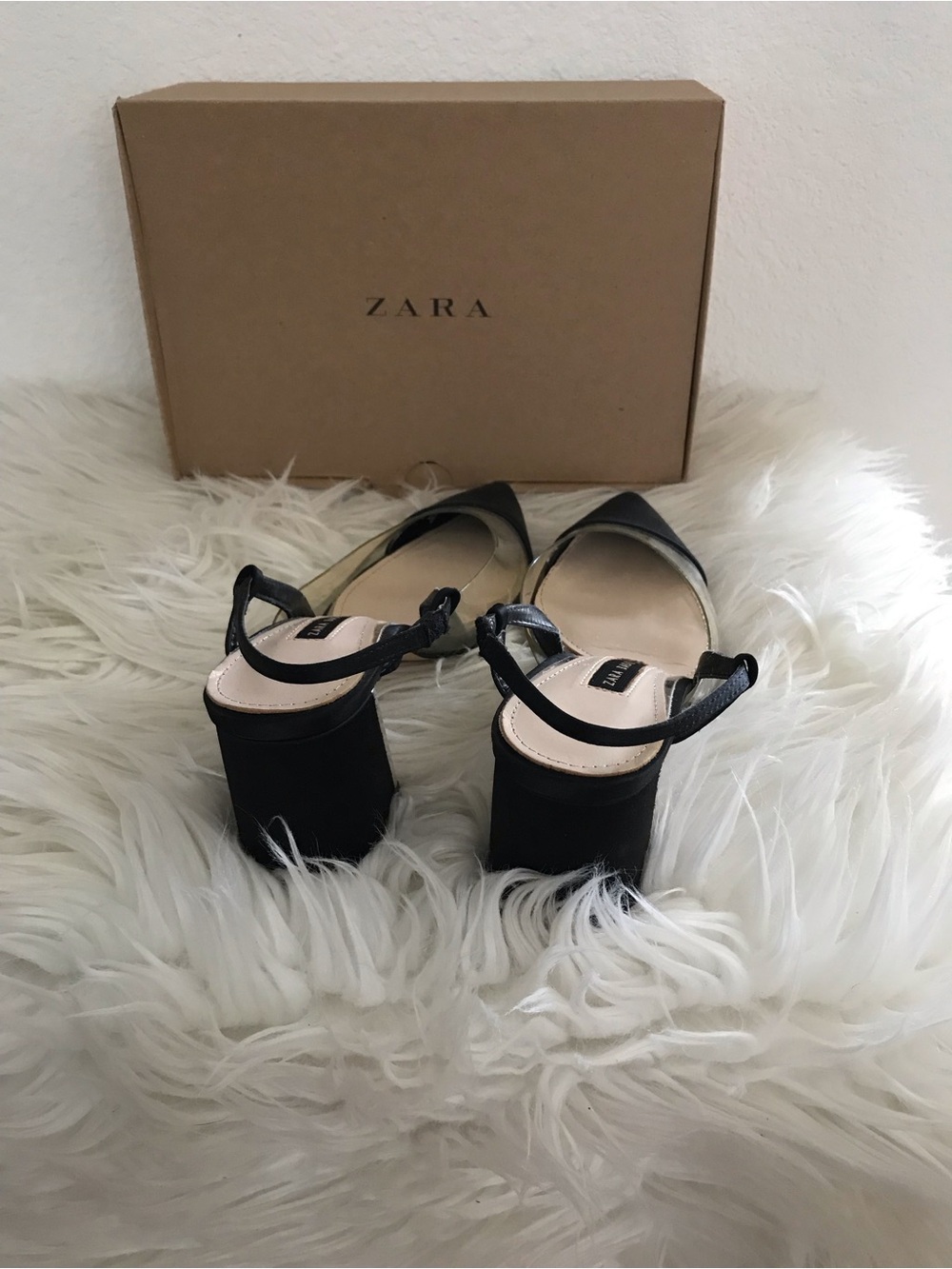 Zara Basic Black Pointed Toe Clear Slingback Block Heels - Picture 3 of 4